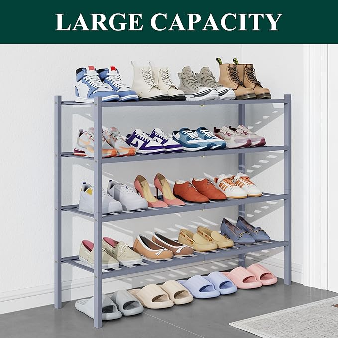 Smiry Bamboo Shoe Rack for Closet, 4 Tier Long Wooden Stackable Shoe Organizer, Free Standing Shoes Storage Shelf for Entryway, Front Door Entrance, Grey