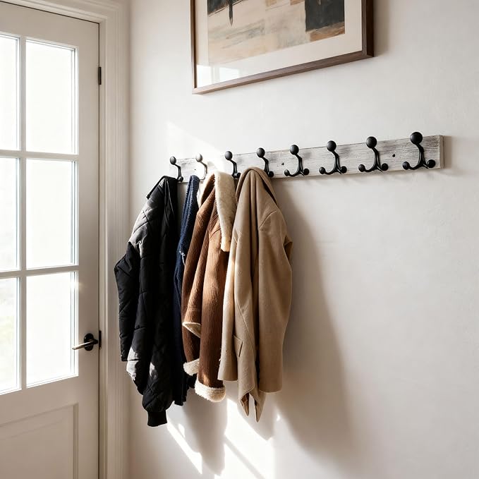 SKOLOO 43-Inch Wood Coat Rack Wall Mount with 8 Triple Hooks - Ideal for Family Entrances, Classrooms, and Pet Supplies Storage - Perfect Coat Hooks for Wall,Distressed White Wash