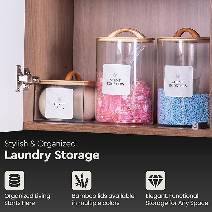 Laundry Pod Storage Container Set | Two 3L Glass Jars & One Acrylic Dryer Sheet Container with Bamboo Lids – Includes 2 Scoops, 60 Waterproof Laundry Labels – Dishwasher Safe