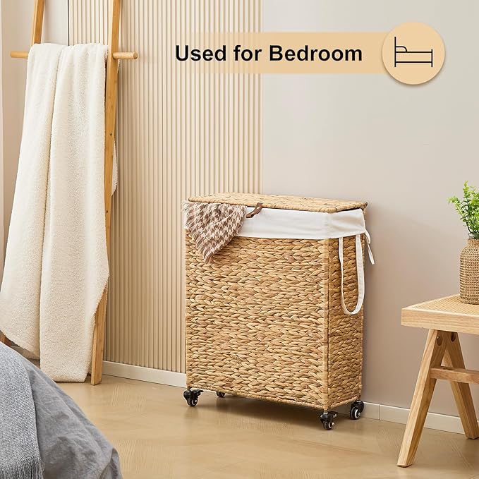 Rolling Laundry Hamper with Lid and Wheels, Slim Laundry Basket with Removable Liner Bag & 2 Mesh Bags, Handwoven Water Hyacinth Clothes Hamper for Bedroom Bathroom (Natural, 85L)