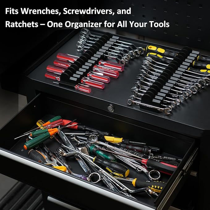 24pcs Modular Wrench Organizers for Tool Drawers - Wrench Rack with Metric&SAE Labels,Tool Storage Holder.Gift for father, brother&boyfriend (Black without magnet)