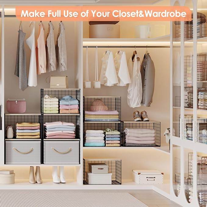 5-Tier Large Stackable Closet Organizer and Storage Basket, Sturdy Closet Shelf Organizer with Wood Top, Stackable Storage Bins Cubes for Clothes with Adjustable Shelf for Wardrobe Organization