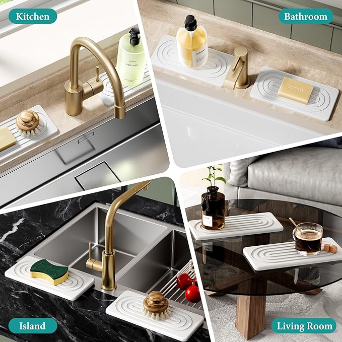2 PCS Water Absorbing Stone Tray for Sink, Quick Drying Diatomite Bathroom Tray Countertop, Stone Drying Mat for Kitchen Counter Faucet, Soap Dish Dispenser Vanity Organizer, White-A-8.3" x 4"
