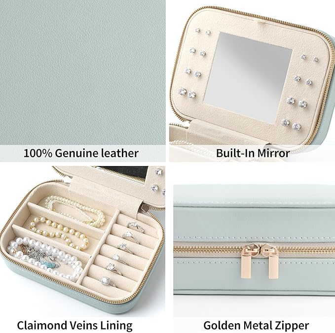 Genuine Leather Travel Jewelry Organizer Case with Mirror for Women, Small Mini Portable Jewelry Box for Ring Earrings Necklace Bracelet Luxury Gift for Women（Black）