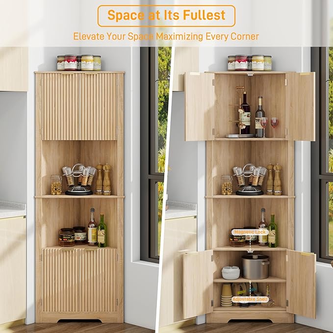 Vabches Corner Bathroom Cabinet, 64 Inch Tall Modern Fluted Corner Cabinet with Doors and Adjustable Shelf Bathroom Space Saver Storage Organizer for Laundry Room, Kitchen(Natural Oak)
