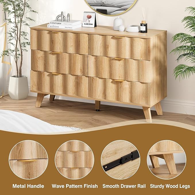 6 Drawer Dresser, Modern Fluted Storage Dresser with Deep Drawers and Metal Handles, Wood Chest of Drawers Storage Organizer for Bedroom, Living Room, Hallway (Natural)