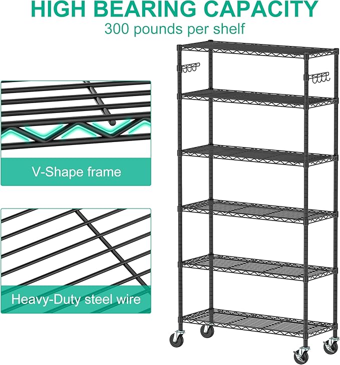6-Tier Metal Storage Rack with Wheels, Sturdy Adjustable Wire Shelving Unit Rolling Shelf for Garage, Kitchen, Pantry, 36" W x 14" D x 75" H, Black