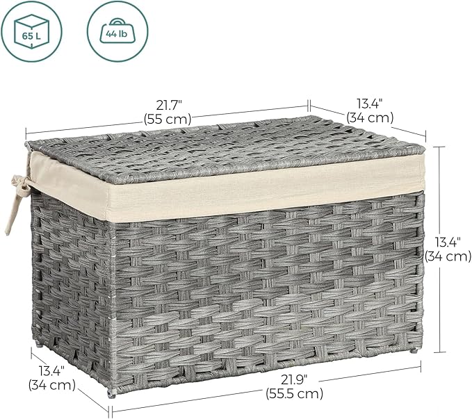 SONGMICS Storage Basket with Lid, Woven Blanket Storage Bin with Handles, Foldable, Removable Liner, Metal Frame, for Bedroom, Laundry Room, 17.2 Gallons (65 L), Gray URST56WG