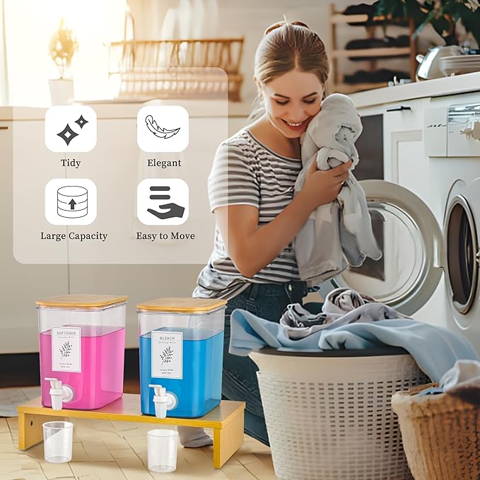 Liquid Laundry Detergent Dispenser Set with Shelf and Bamboo Lids for Laundry Room Organization and Storage - 2 Pack 96 oz Laundry Containers for Laundry Soap, Fabric Softener