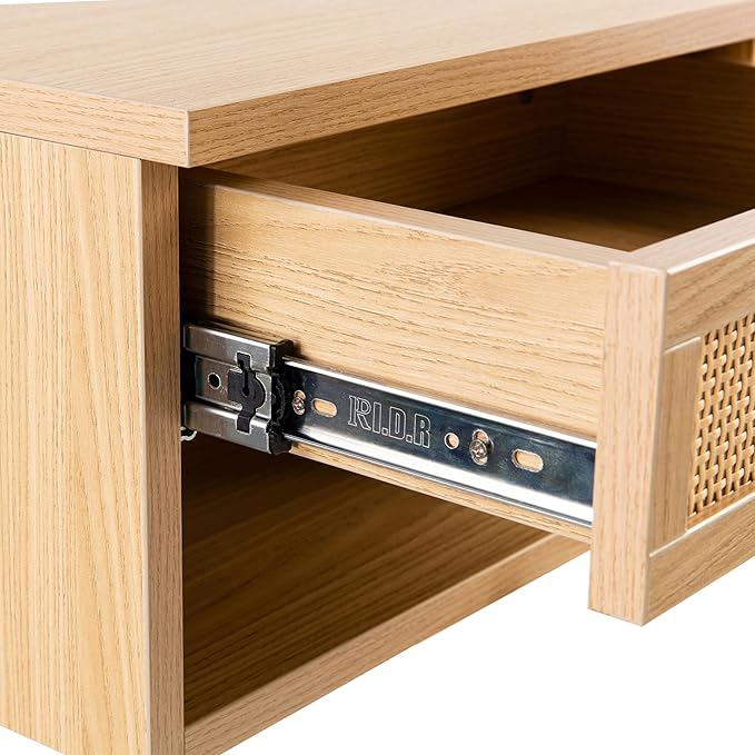 JONATHAN Y NST2000B Celerie 15.71" Mid-Century Modern Floating Wall Mounted Nightstand with Soft-Close Rattan Drawer and Cable Hole, Light Oak