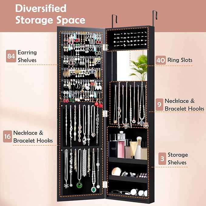 HAPPYGRILL Wall Mounted Jewelry Cabinet with Full Length Mirror, Over The Door Jewelry Organizer w/Built-in Makeup Mirror, Storage Shelves, Door Mounted Jewelry Armoire for Women, Girls (Black)
