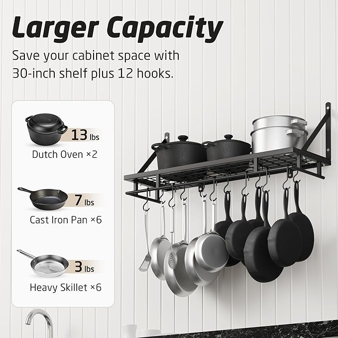 KES 30-Inch Kitchen Pan Pot Rack Wall Mounted Hanging Storage Organizer Wall Shelf with Hooks Matte Black, KUR215S75A-BK