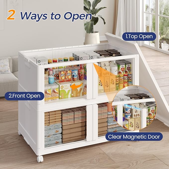 800Qt Stackable Storage Bins with Lid and Wheels, 200Gal Plastic Closet Organizer and Storage Drawer, Large Collapsible Storage Box Cabinet with Clear Door for Home Kitchen Office, 4Pack White
