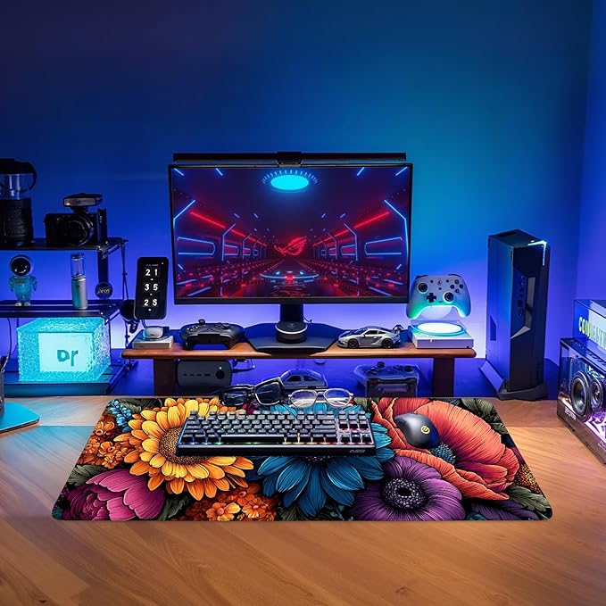 Flower Gaming Mouse Pad 31.5"x11.8"Desk Mat Anti-Slip Rubber Base & Durable Stitched Edges for Gamers Smooth Mouse Writing Surface for Desk Office/Home