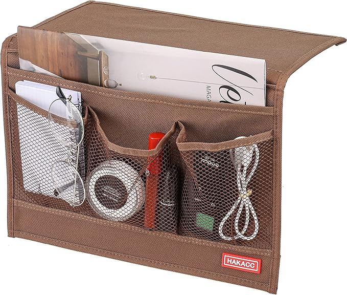 HAKACC Bedside Organizer, Bedside Storage Caddy Organizer with Hanging Pocket, Remote Holder for Bed Accessories, Brown