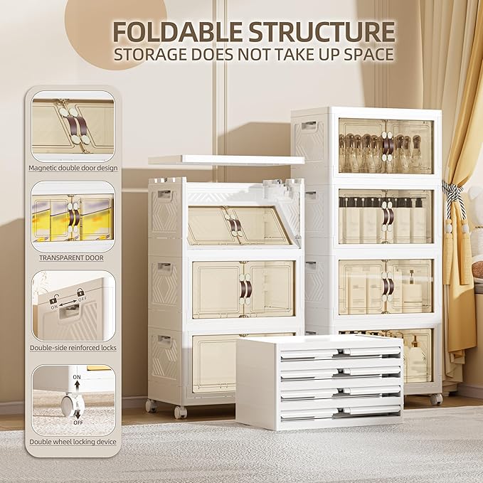 144 QT / 36 Gal Magnetic Double Door Cabinet with Wheels - Foldable Stackable Design, Leather Handles, Water Resistant Organizer for Bathroom, Kitchen