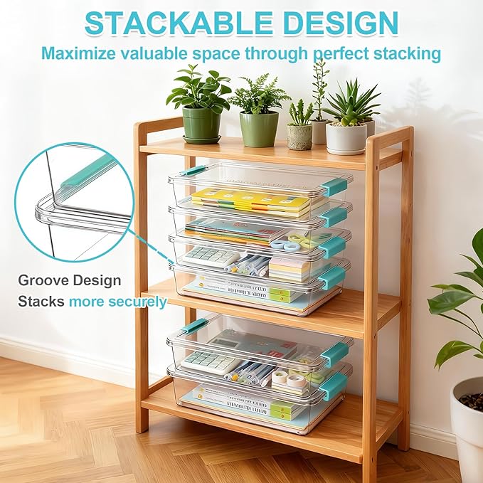6 Qt Clear Plastic Storage Bins Containers with Lids, Arts Crafts Organizers and Storage, Stackable Containers for A4 Paper File Scrapbook Documents for Home Office and School Supplies 2 Pack
