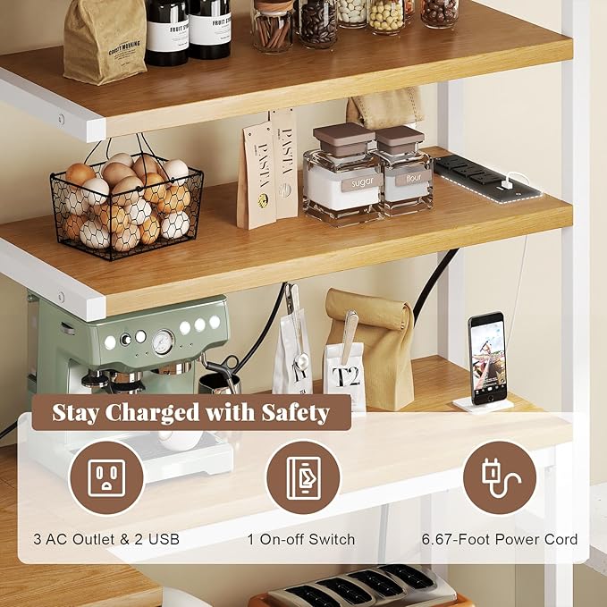 L-Shaped White Bakers Rack with Power Outlet, Kitchen Storage Rack with Hooks, Wire Shelf with Open Storage, Mesh Grid, Wire Basket