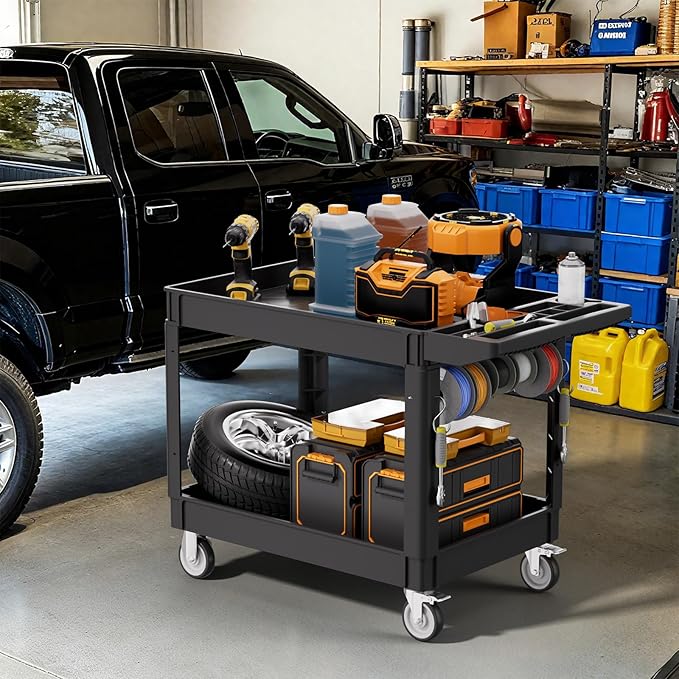 2 Tier Plastic Rolling Utility Cart on Wheels, Heavy Duty Tool Cart with Deep Shelves and 360° Swivel Wheels Holds up to 550 lbs, Service Cart for Warehouse,Garage, Cleaning (Black-L)