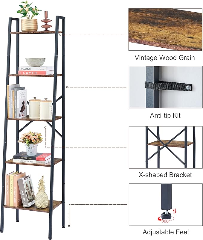 Hoctieon Industrial Ladder Bookshelf, Multifunctional Ladder Shelf, 5-Tier Tall Bookshelf, Open Ladder Shelf Bookcase, for Living Room, Home Office, Kitchen, Bedroom, Metal Frame, Rustic Brown