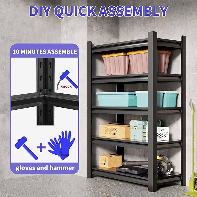 Metal Garage Shelving Unit,78"H Heavy Duty 5-Tier Adjustable Storage Rack,18"D x 48"W x 78"H Steel Shelving,3000 lbs Industrial Shelves for Heavy Tools and Equipment,Ideal for Garage, Basement,Black