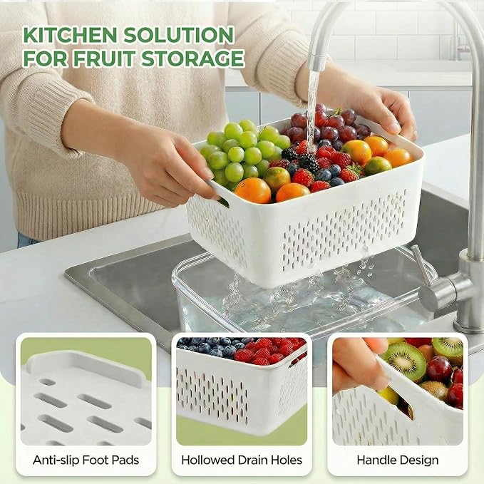 5 PCS Fruit Storage Containers for Fridge, Leakproof Produce Containers for Fridge with Removable Colander, All-In-One Fruit Containers Stainers Berry, Fruits, Vegetables, Salad Keeper Local Stock