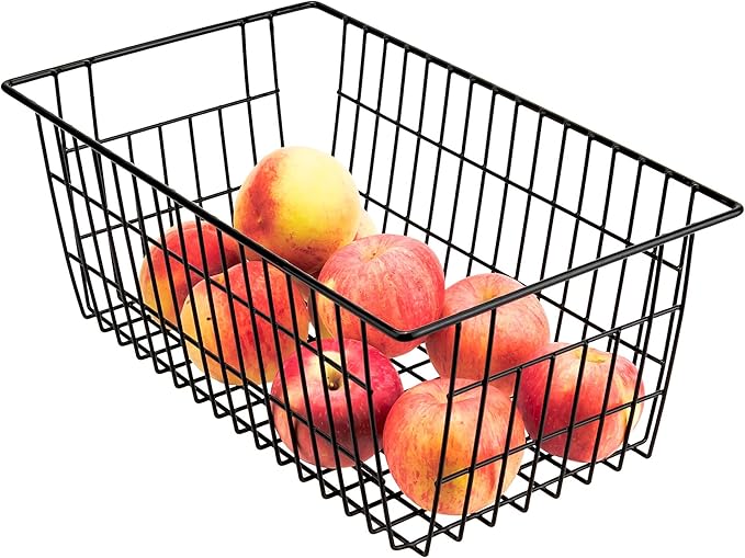 Wire Storage Basket Organizer Bins Farmhouse Metal Basket Pantry Large Organizing Storage Bin Baskets for Kitchen Cabinets, Pantry, Freezer, Bathroom,Closets-Set of 3-Black