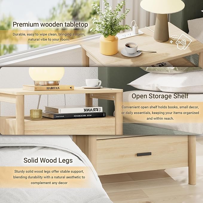 Night Stand with Charging Station, 24" Large Modern Side Table with Solid Round Post Legs, 2 Drawers End Table with Open Shelf, Nightstand with Storage for Bedroom, Natural Oak