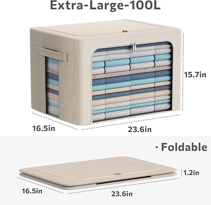 CYhom 3Pack Foldable Storage Bins - Frame Storage Box Linen Fabric Stackable Clothes Container Organizer with Clear Window & Carry Handles Large Capacity (Extra Large-100L, Beige)