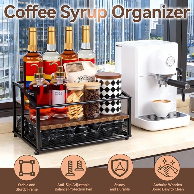 Coffee Syrup Rack Organizer, 3-Tier 8 Bottle Syrup Rack with 35 K Cup Drawer for Coffee Bar, Countertop Bottle Holder Stand for Dressing for Kitchen Cafe Station
