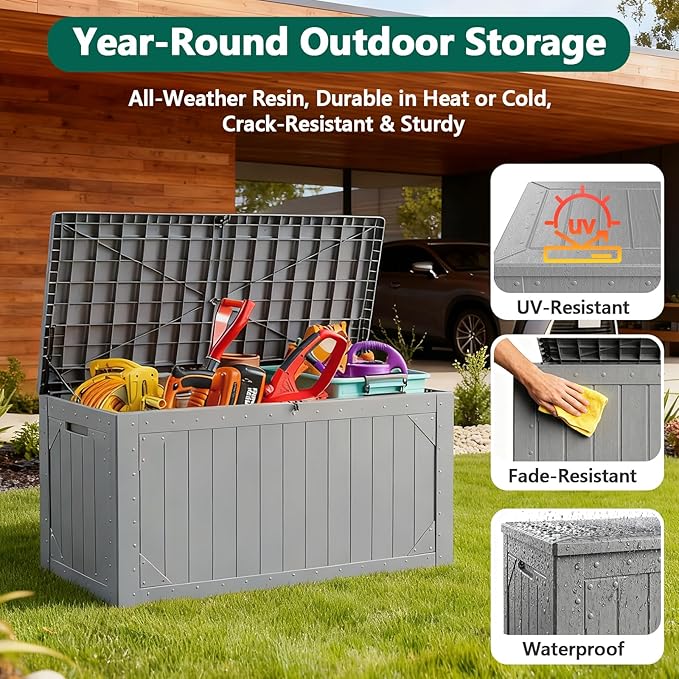 Outdoor Storage Box, 100 Gallon Deck Box Outdoor Storage Bench Outside Waterproof Resin Storage Bench, Lockable Patio Cushions, Garden Tools Storage For Furniture, UV Resistant(Gray)