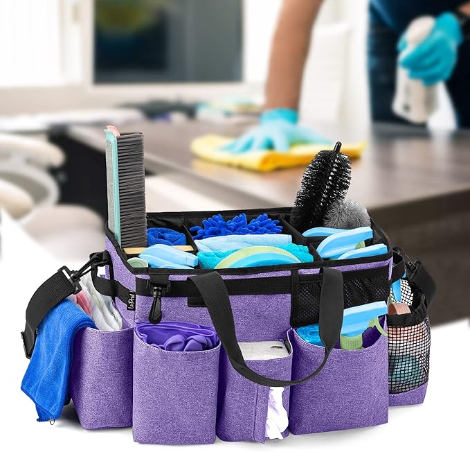 LoDrid Wearable Cleaning Caddy Bag with 4 Foldable Dividers, Cleaning Supply Tote for Cleaning Supplies, Cleaning Organizer with Shoulder Strap and Side Handles for Cleaners & Housekeepers, Purple