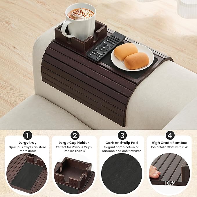 Bamboo Couch Cup Holder, Foldable Sofa Arm Tray, Anti-Slip Couch Aremrest Tray Table for Drink, Cup, Remote, Snacks, Cellphone, Portable, Mahogany