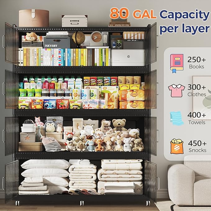 240 Gallon Extra Large Collapsible Storage Bin with Lid, 960QT Stackable Plastic Organizer with 6x Wheels, Foldable Drawer Cabinet for Closet, Living Room Office, Kitchen 3Pack, Black