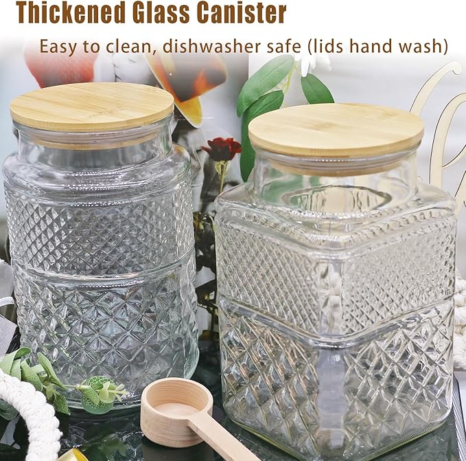 Viovian Large Glass Jar with Wood Lid and Spoon 60 OZ Square Thick Glass Storage Jars Airtight Lids Clear Decorative Vintage Canister for Food Candy Cookie Sugar Coffee Nuts Snack Dog Treat