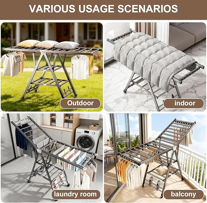 Heavy Duty 3-Tier Clothes Drying Rack with Wheels & Shoe Rack - Large 5.9ft Foldable Metal Laundry Stand, Portable Collapsible Clothing Hanger for Indoor Outdoor Use in Laundry Room