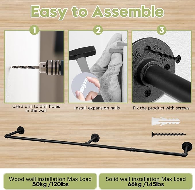 Industrial Pipe Clothing Rack, 66.1" Wall Mounted Clothes Rack Set of 2, Heavy Duty Closet Rod for Hanging Clothes, Space-Saving Detachable Iron Wall Garment Bar 3 Base