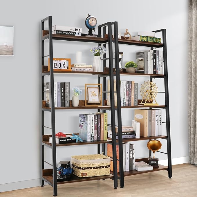 Himimi Industrial Bookshelf 5-Tier, Home Office Bookcase Ladder Shelf, Freestanding Storage Shelves Rack Shelf Unit, Brown Ladder Bookcases with Metal Frame for Bedroom, Living Room, Kitchen