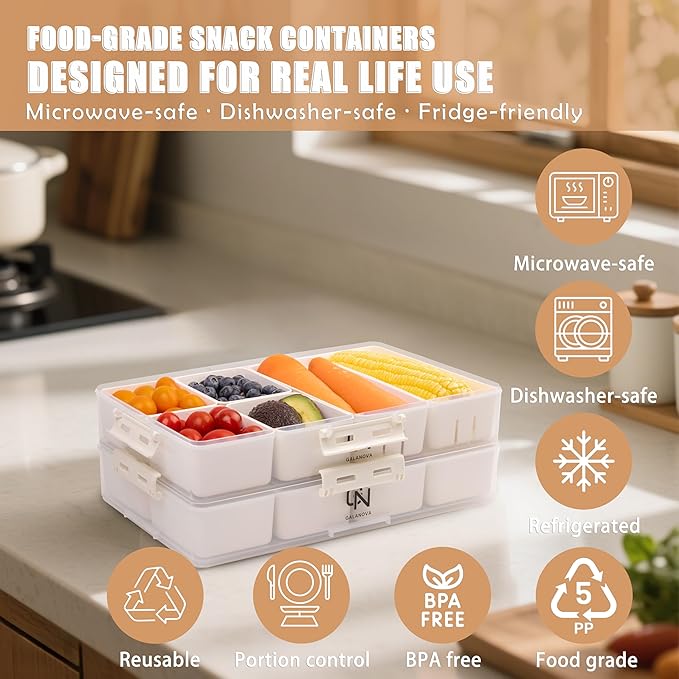 Stackable Snackle Box Container with 2 Lids, 14 Compartments - BPA-Free Snackle box Organizer, Dishwasher & Microwave Safe Reusable Snacklebox for Veggies, Fruits, Charcuterie, Snacks (White, 2 Pack)