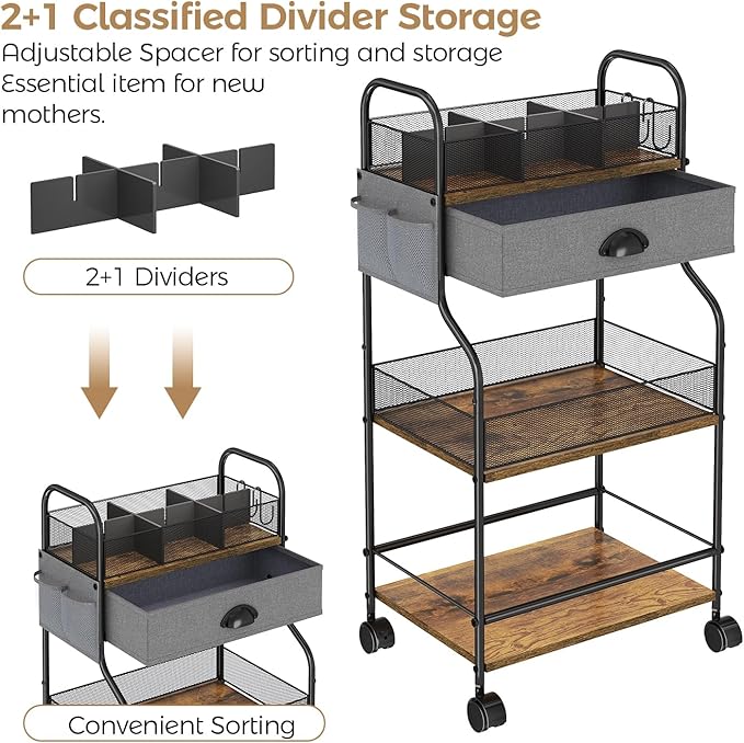 3-Tier Baby Diaper Caddy Cart Organizer with Drawer,Rolling Utility Cart & Bedside Nursery Essentials Cart for Newborn Baby Stuff, 2+1 Dividers, Baby Storage Organizer for Bedroom,Changing Table,Grib