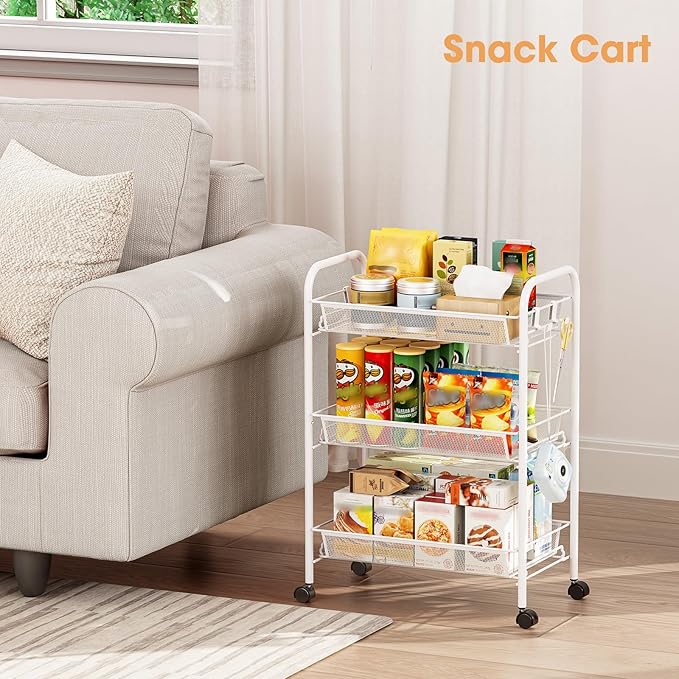 TOOLF 3-Tier Metal Rolling Cart, Mesh Wire Easy Assemble Utility Cart, Storage Trolley on Wheels with 3 Hooks, MetalStorage Shelving Units for Kitchen Bathroom Laundry Room