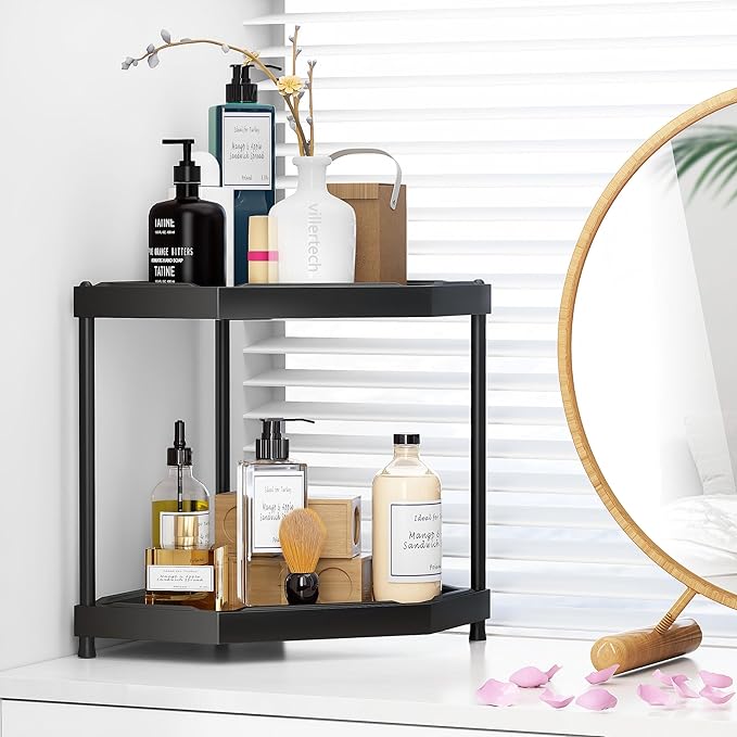 Kitchen Corner Shelf Countertop 2 Tier Bathroom Counter Organizer Cabinet Corner Storage Shelf Spice Rack Makeup Organizer Under Sink Organizer Black