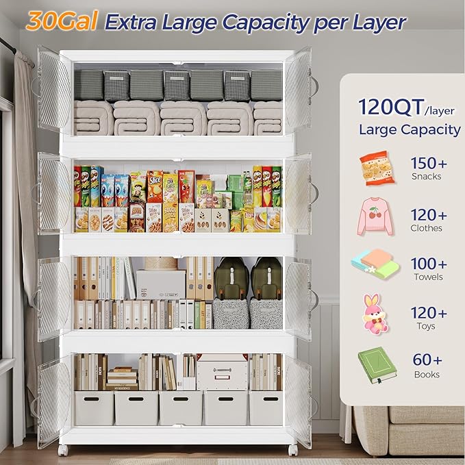 480QT Extra Large Stackable Storage Bins with Lid & Wheels & Doors, 120Gal Foldable Collapsible Closet Organizers, Plastic Cabinet Box Container Drawer for Home Kitchen Bedroom, 4Pack White