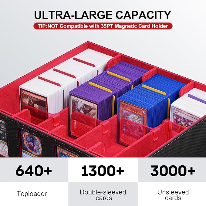 Marsguard Trading Card Storage Box with Portable Handle, 3000+ MTG Storage Box with 4 Card Stoppers Commander Display Deck Box Card Case Top Loaders MTG TCG Sports Cards Commander Deck Box(Black&Red)