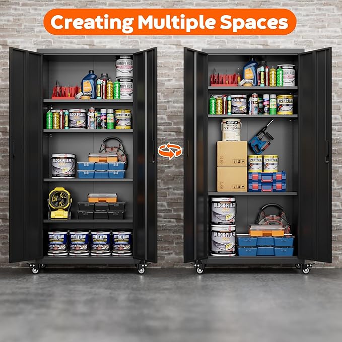 Aobabo 73" H Metal Storage Cabinet with Wheels for Garage, Rolling Tool Cabinet with 4 Shelves, for Home Office, Black, Assembly Required