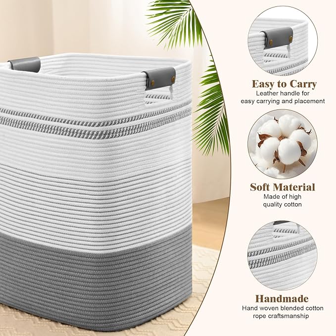 Laundry Hamper, 85L Tall Laundry Basket with Leather Handles, Rectangle Large Clothes Hamper for Organizing, Cotton Woven Laundry Baskets Storage Hampers for Bedroom, Nursery, Living Room