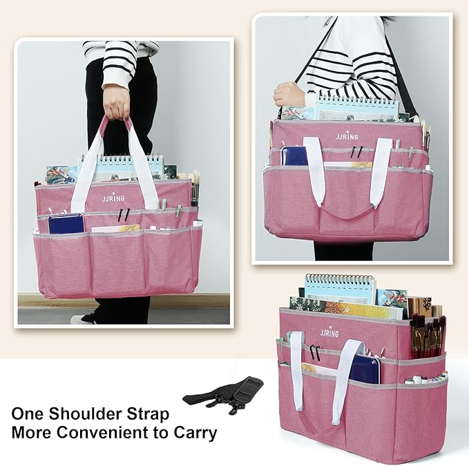 JJRING Craft Organizer Tote Bag, Large Art Storage Caddy with Multiple Pockets, Pink Sewing Bag for Art, Craft, Scrapbooking, Medical, and Office Supplies Storage