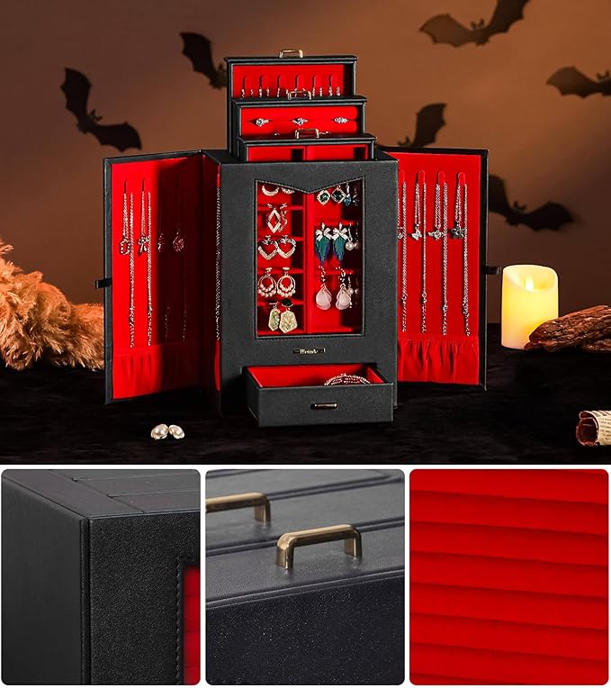 Homde Jewelry Organizer with Transparent Window Necklace Hooks Gift for Women Jewelry Box Display Case for Necklaces Rings Earrings Bracelets and Other Jewelry Accessories (Black + Red +Gold)