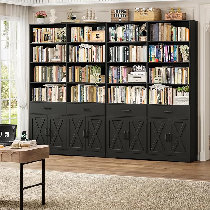 HOSTACK 78" Tall Bookshelf with Doors, Double Wide Bookshelf with Storage Drawers, Large Bookcase with Cabinet and 8 Open Display Shelves, Farmhouse Wood Bookcase Book Shelf for Living Room, Black