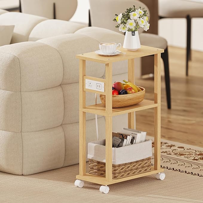 TUTOTAK Small Narrow Side Table with Charging Station, Skinny End Table for Small Spaces, Slim Nightstand with USB Ports and Outlet, Sofa Beside Table with Wheels, Natural TB01BN046